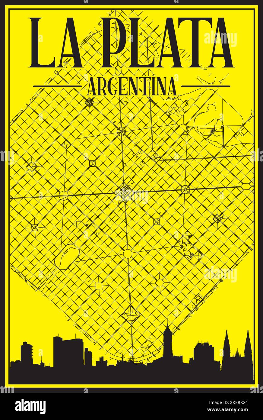 Yellow vintage hand-drawn printout streets network map of the downtown