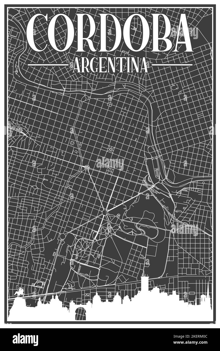 Black vintage hand-drawn printout streets network map of the downtown CORDOBA, ARGENTINA with highlighted city skyline and lettering Stock Vector