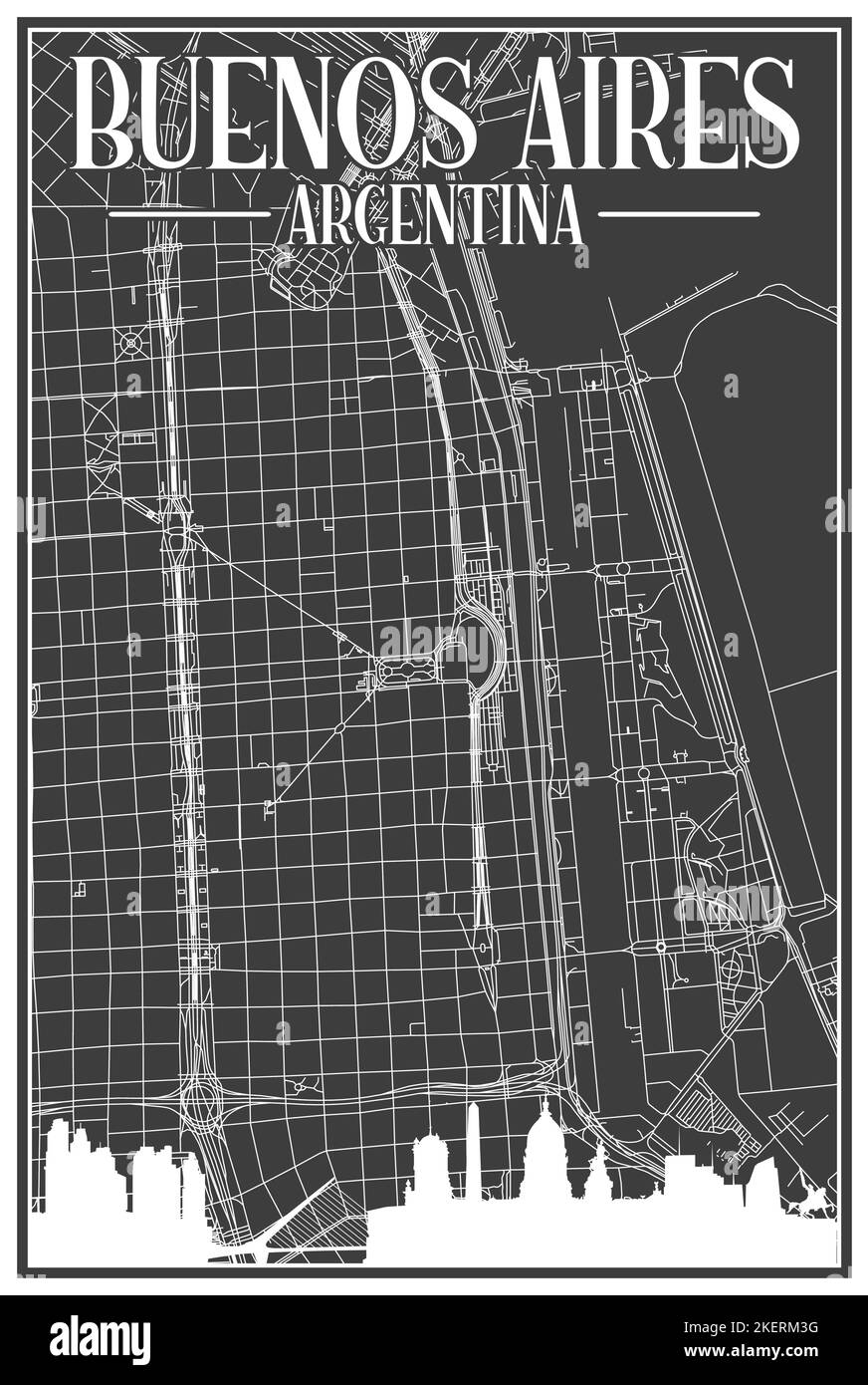 Black vintage hand-drawn printout streets network map of the downtown BUENOS AIRES, ARGENTINA with highlighted city skyline and lettering Stock Vector
