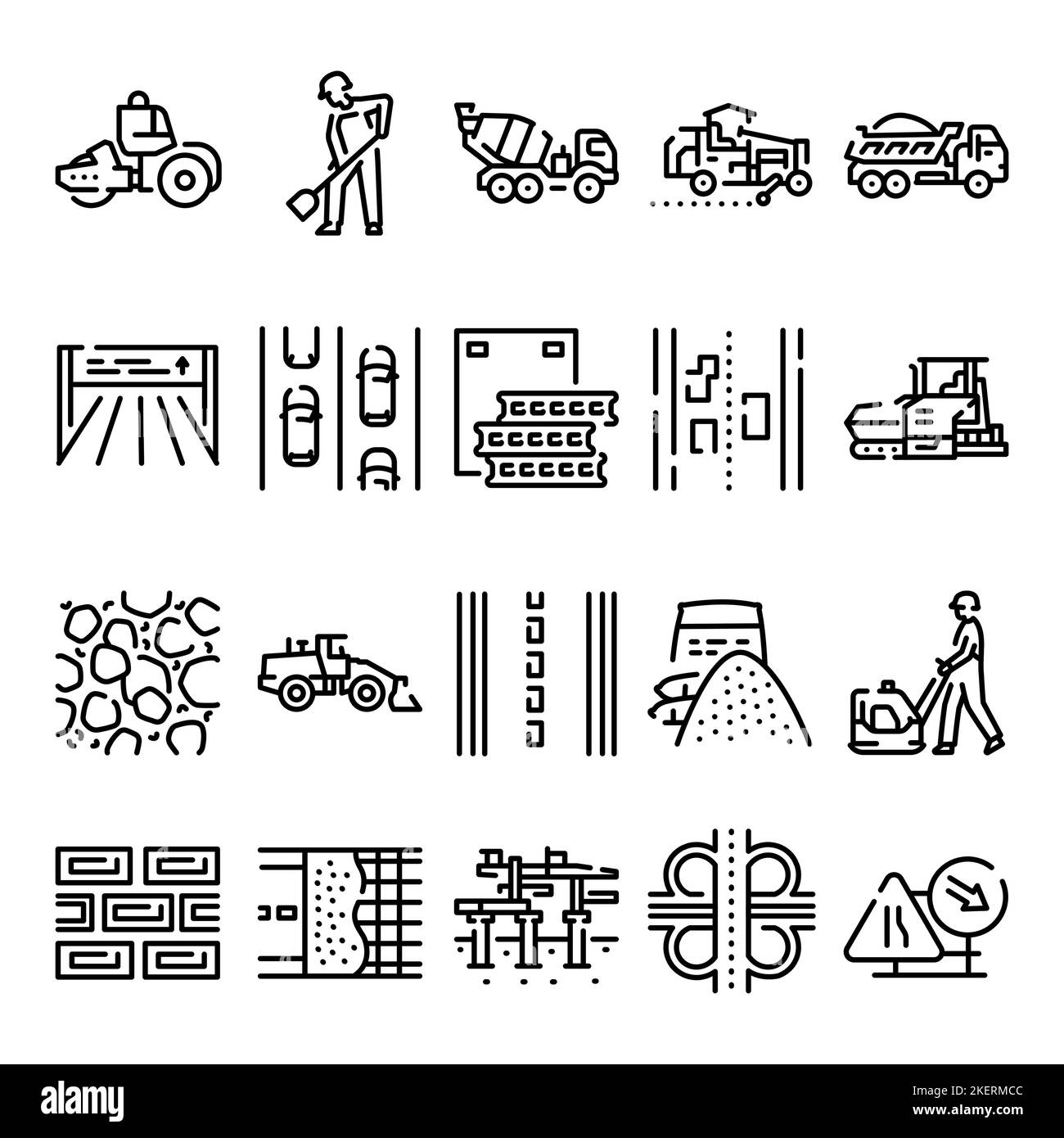 Road construction line icons set. Signs for web page, mobile app, button. Editable stroke. Stock Vector