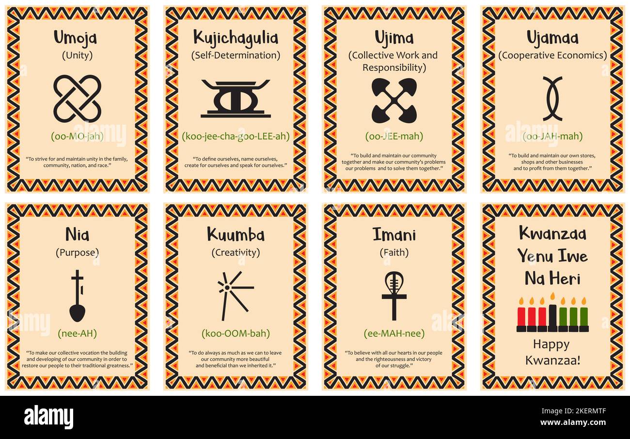 WebA set of cards with seven signs of the Kwanzaa principles. Symbol with names in Swahili. Poster with an ethnic African pattern in traditional color Stock Vector