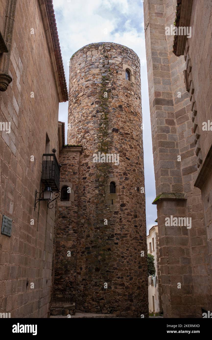 Palace of Carvajal twelfth-century round tower. One of the most emblematic building of monumental Complex of Caceres, Extremadura, Spain. Stock Photo