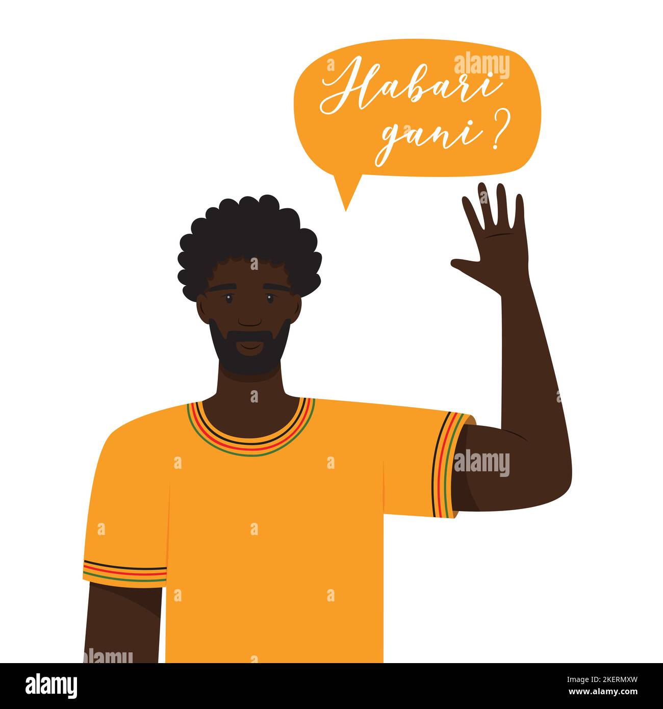 A young African man in a yellow t-shirt waves his hand. Habari gani in Swahili means What s new Traditional greeting during the Kwanzaa celebration. F Stock Vector