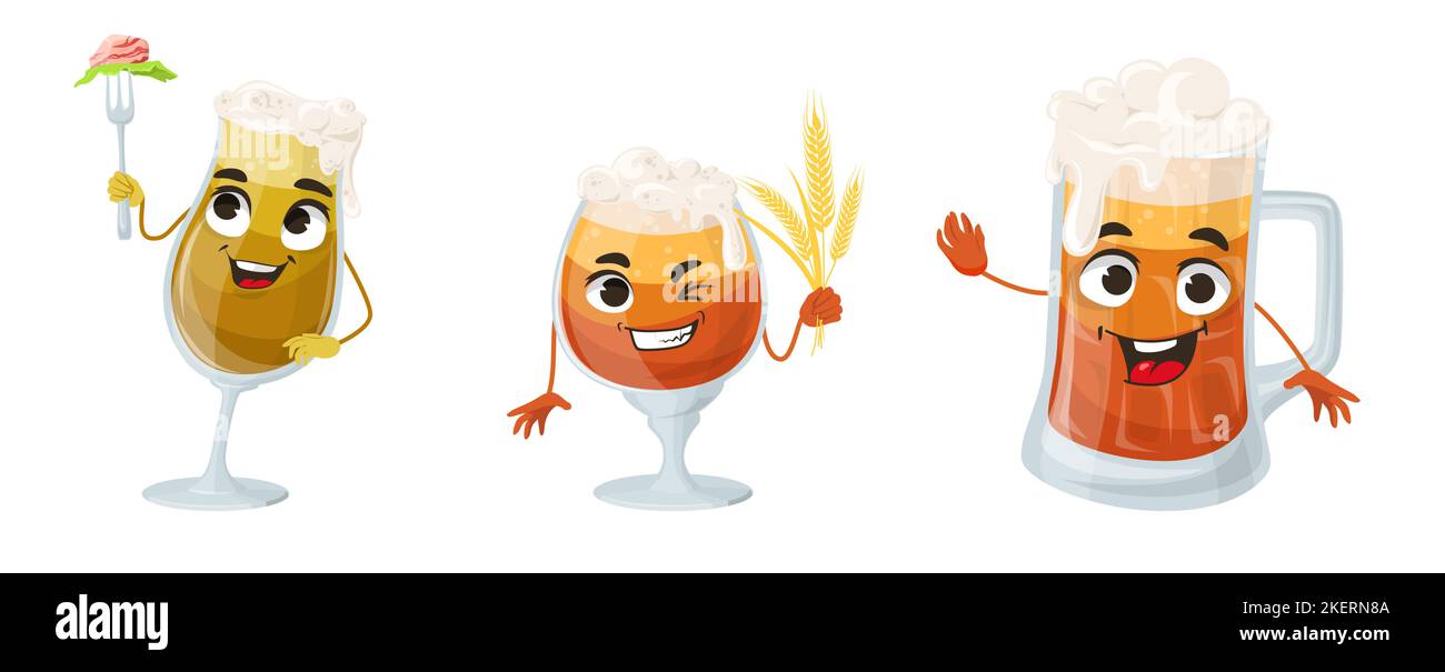 Happy beer glass mascot vector set. Funny alcohol drink emoticon