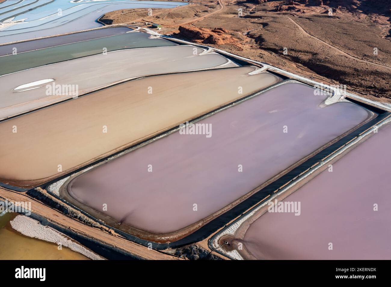 Evaporation ponds at a potash mine using a solution mining method for extracting potash near Moab, Utah. Stock Photo