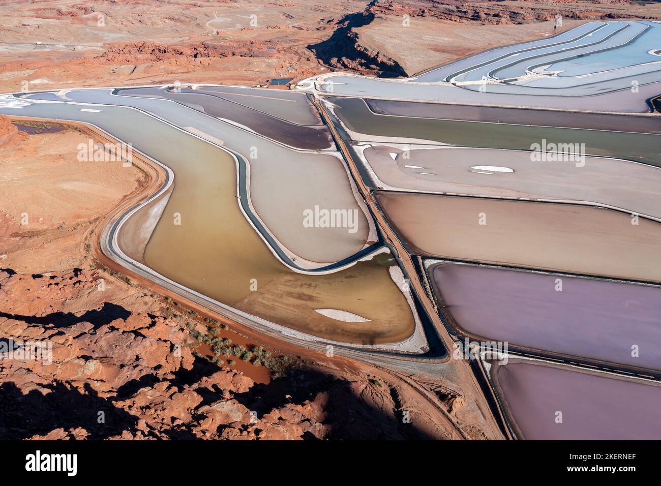 Evaporation ponds at a potash mine using a solution mining method for extracting potash near Moab, Utah. Stock Photo