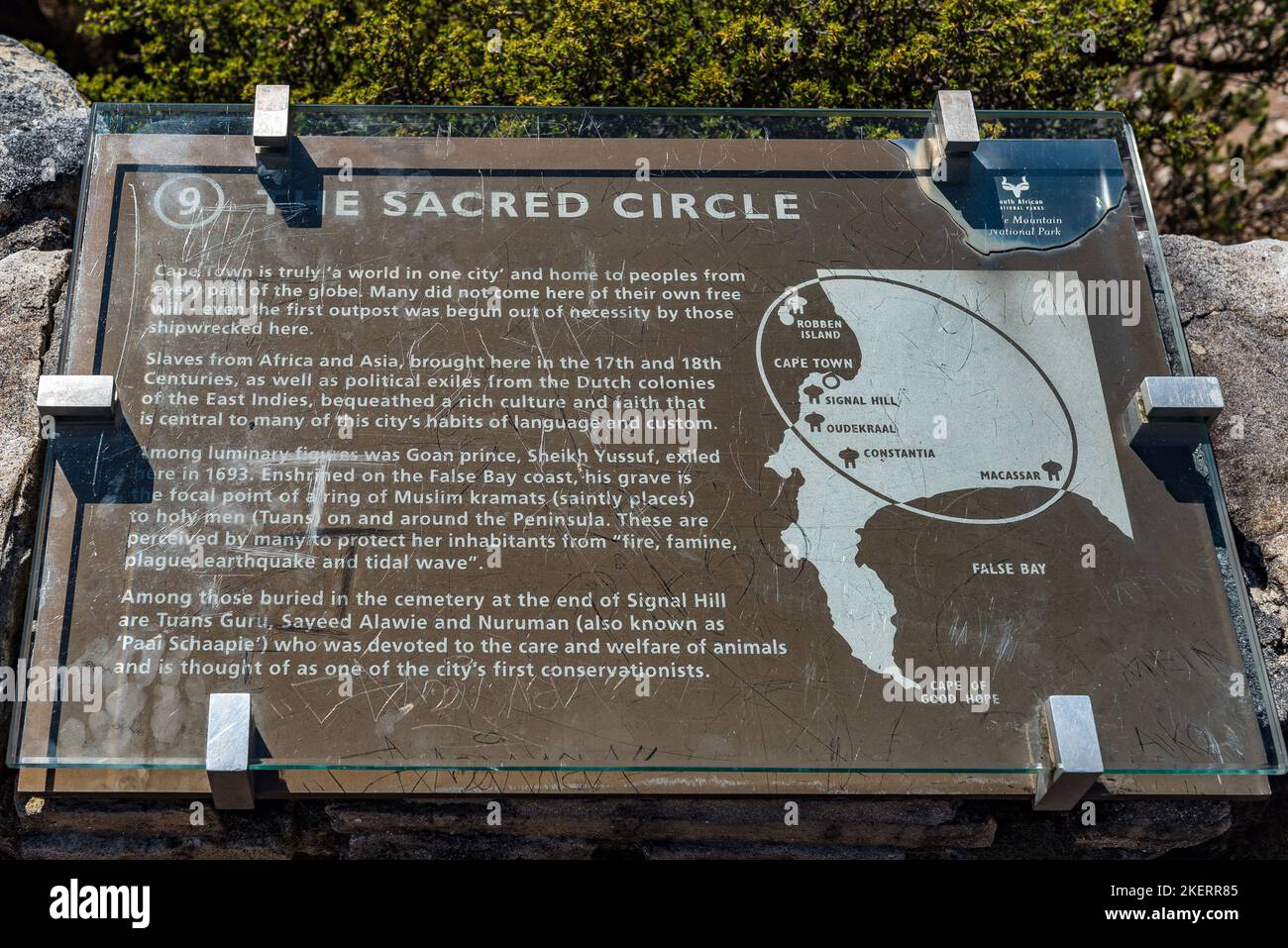Cape Town, South Africa - Sep 14, 2022: An information board on The Sacred Circle on Table Mountain Stock Photo