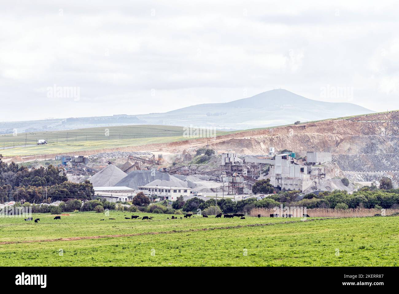 Cape Town, South Africa - Sep 16, 2022: The Ciolli Bros stone crusher plant and open cast mine at Durbanville Hills in the Western Cape Province. Catt Stock Photo
