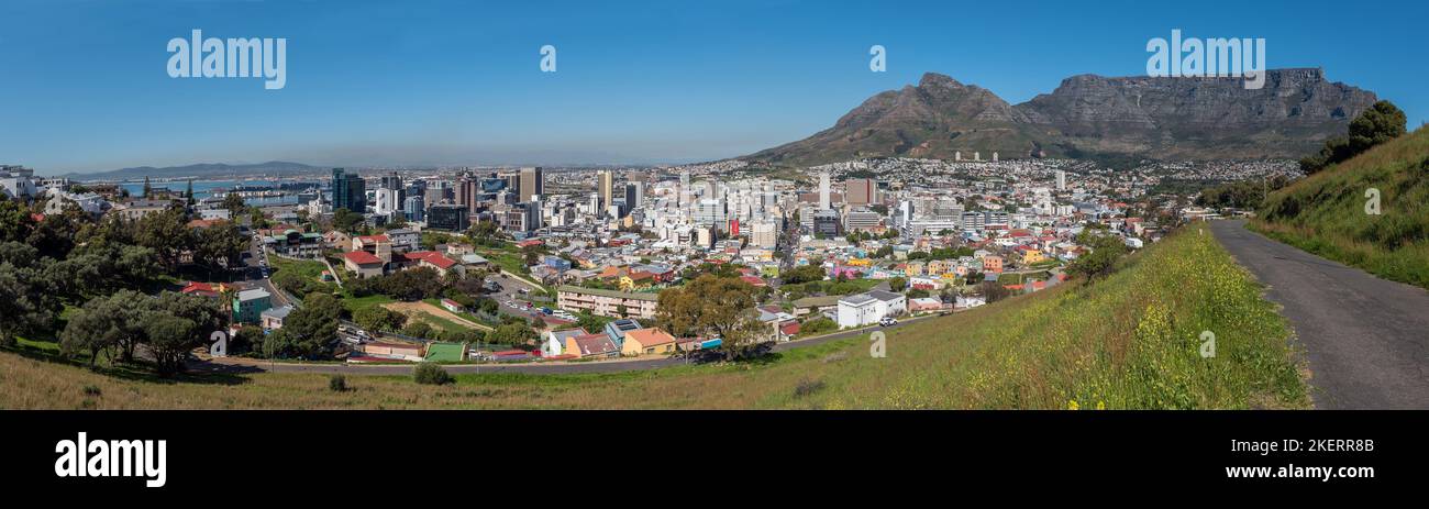 Cape Town, South Africa - Sep 14, 2022: Panorama of Table Mountain, Devils Peak, Cape Town city centre and the colorful Bo-Kaap as seen from Military Stock Photo