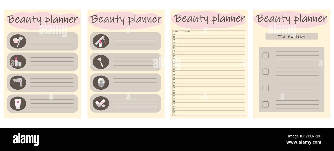 beauty planner printable sheets cosmetology self care Stock Photo