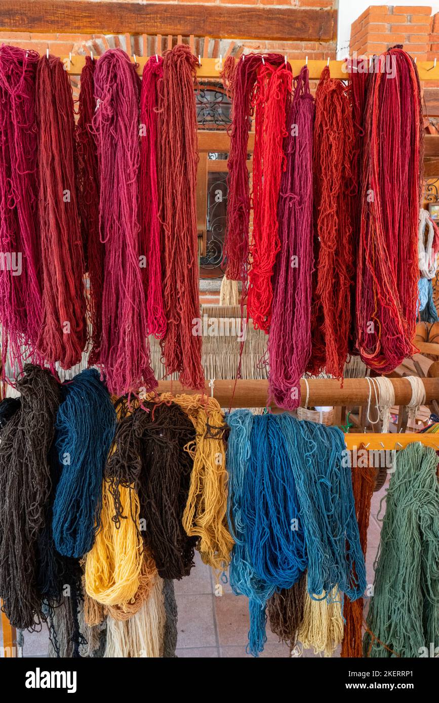 Colorful skeins of wool yarn to be used in weaving rugs in Teotitlan