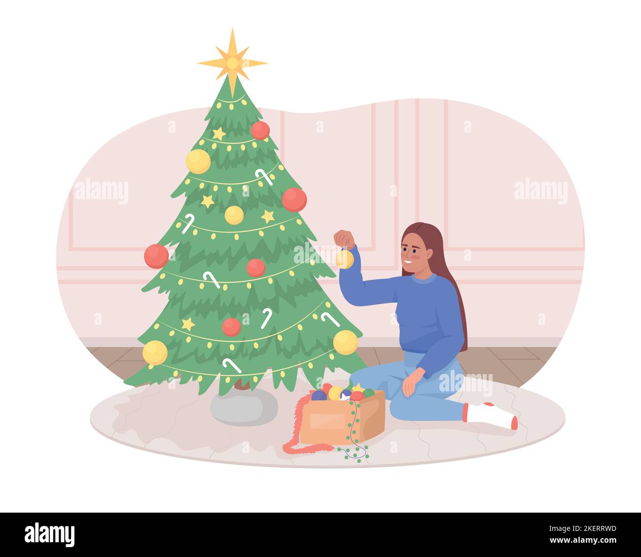 Decorating Christmas tree 2D vector isolated illustration Stock Vector
