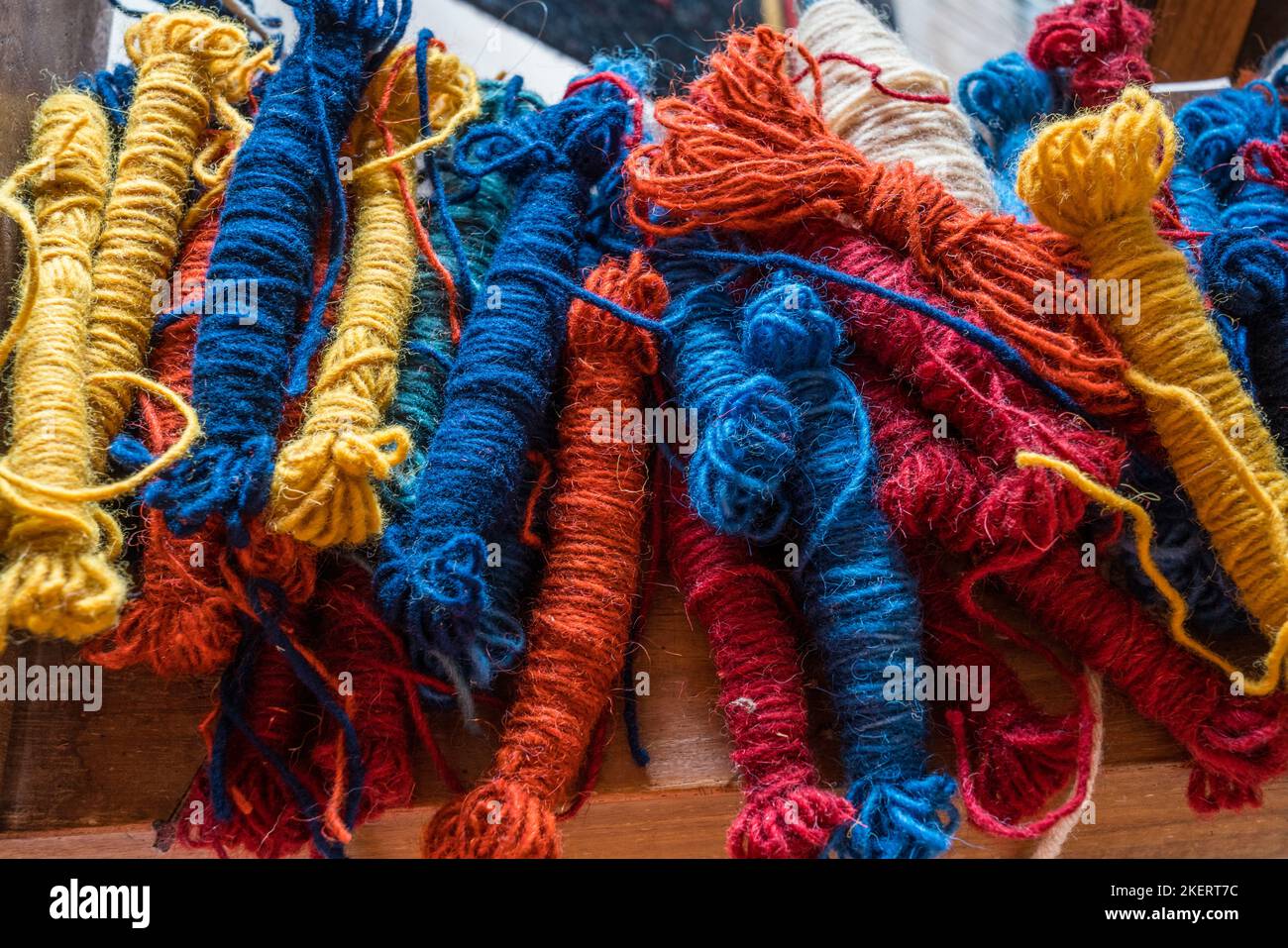 Wool yarn to be used for weaving rugs in Teotitlan del Valle, a famous
