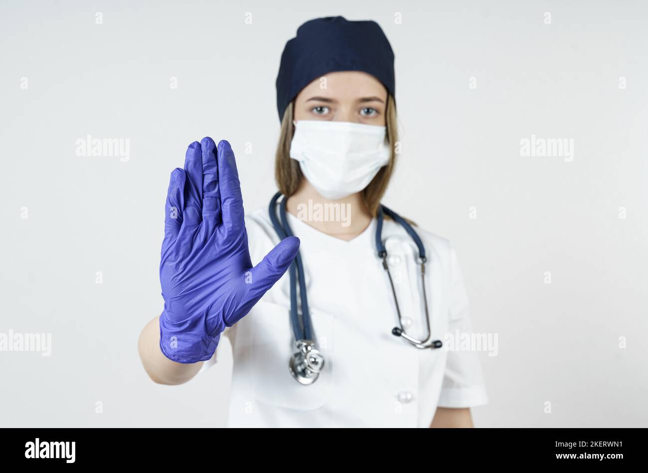 Medicine and health concept. The doctor makes a stop hand gesture ...