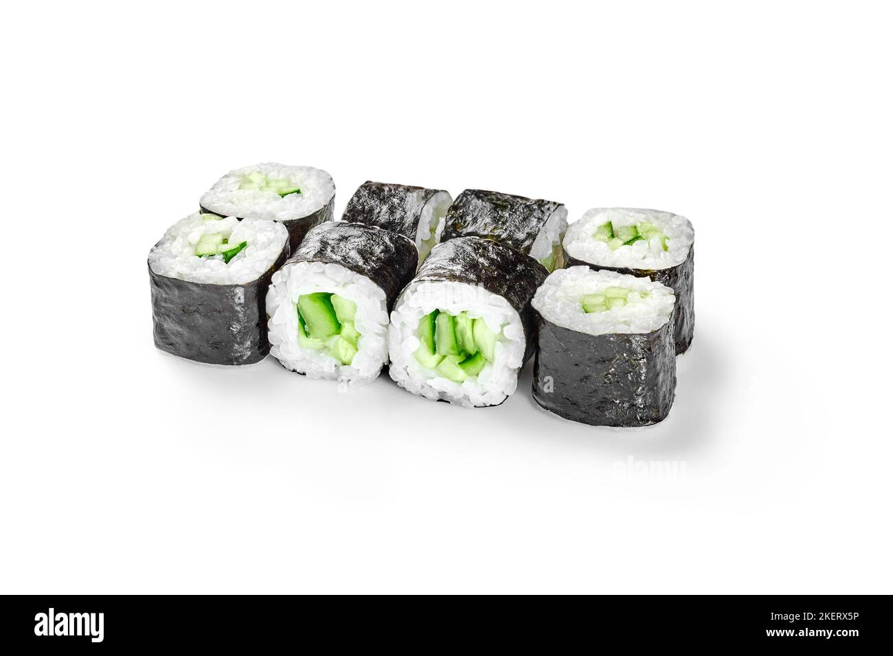 Pieces of vegetarian norimaki rolls with cucumbers wrapped in rice and