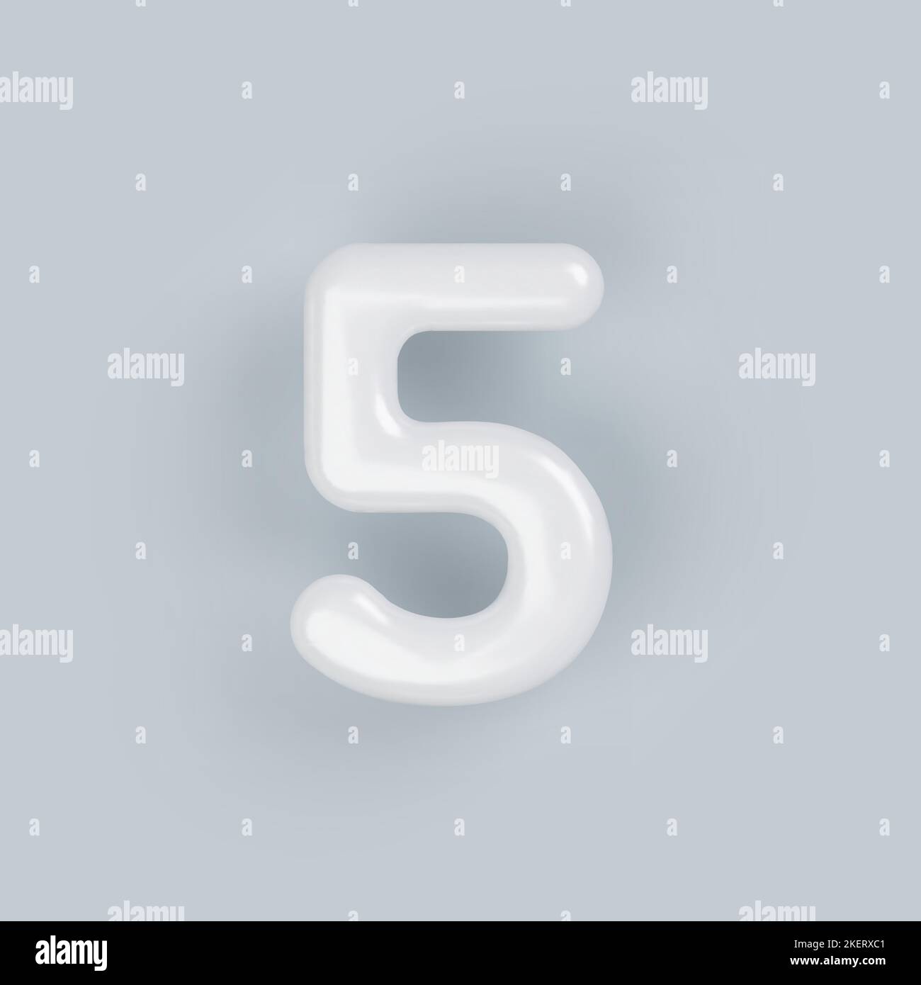 3D White plastic number 5 with a glossy surface on a gray background