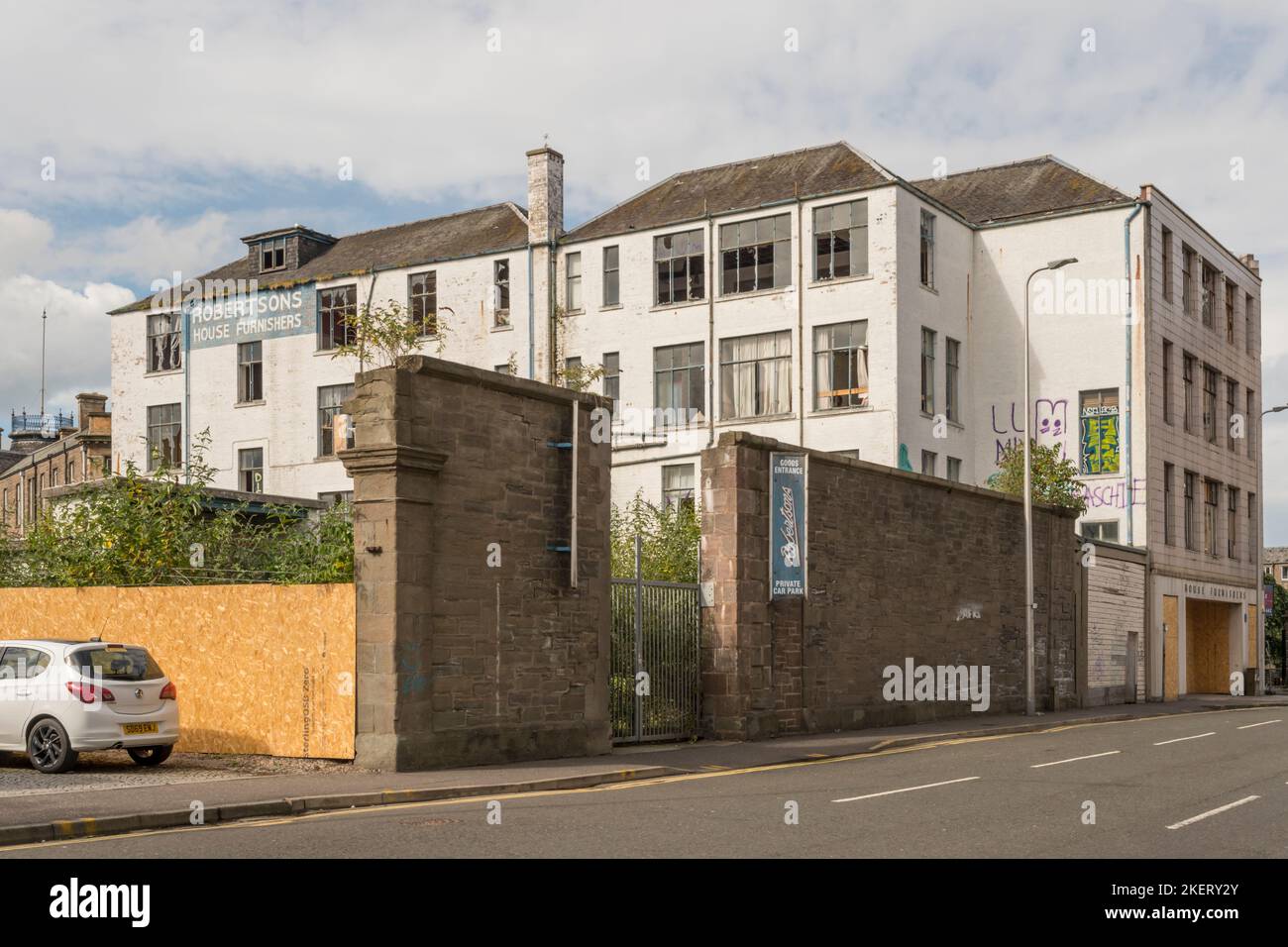 July 2022 photograph of Willison House, the old Robertson's furniture store in Barrack Street, Dundee.  The building was the victim of a deliberate fire starting on 12 November which police have described as 'a reckless and dangerous act of fire-raising'.  The art deco Category B listed building closed as a furniture shop in 2011 and had since become semi-derelict; it was on the Buildings at Risk Register for Scotland. Stock Photo