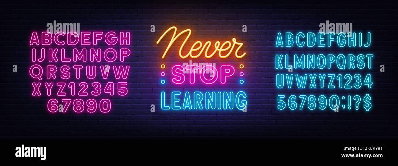 Never Stop Learning neon quote on a brick wall. Stock Vector