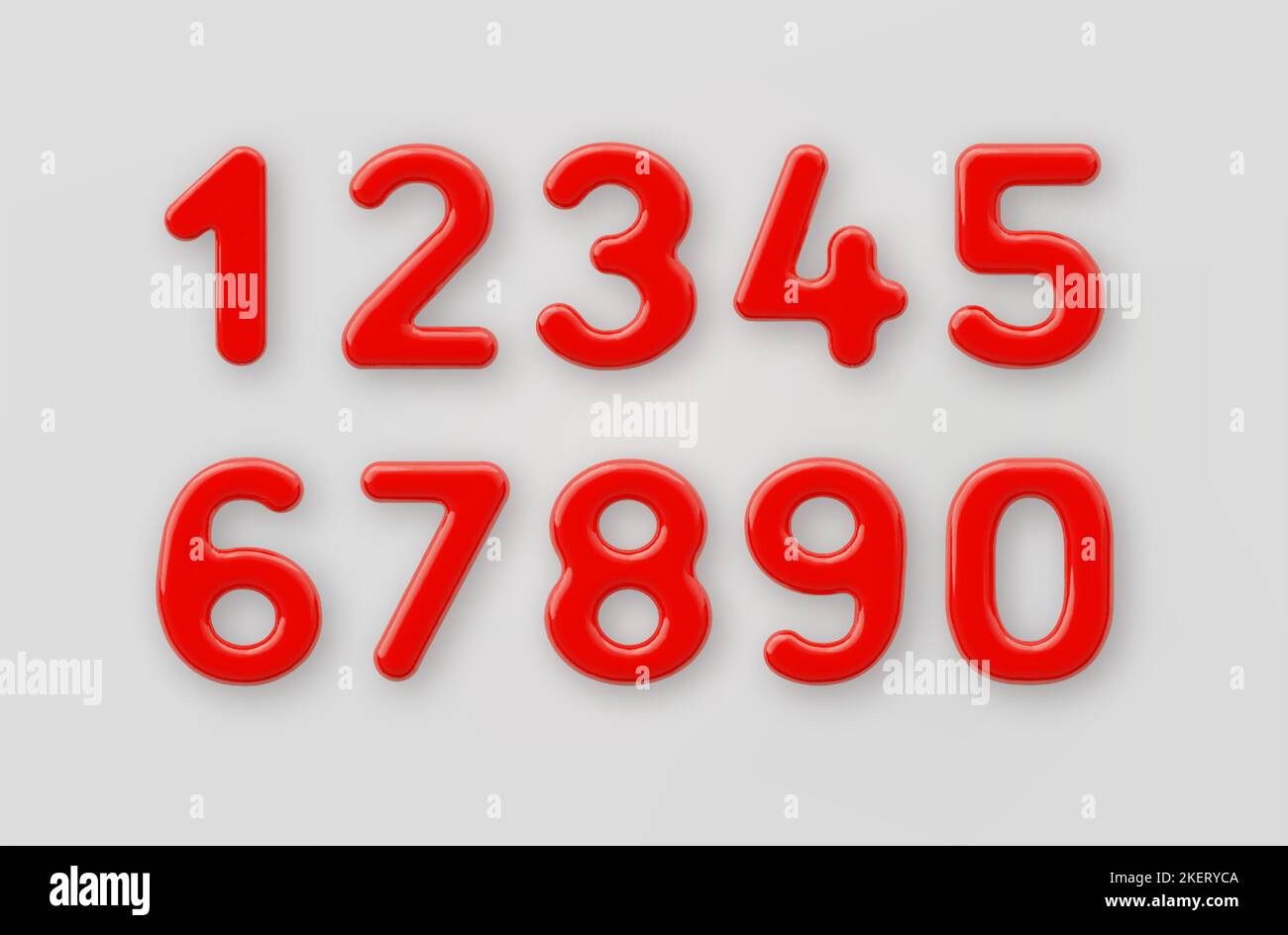 3D Red plastic number 1,2,3,4,5,6,7,8,9 and null with a glossy surface on a gray background . Stock Vector