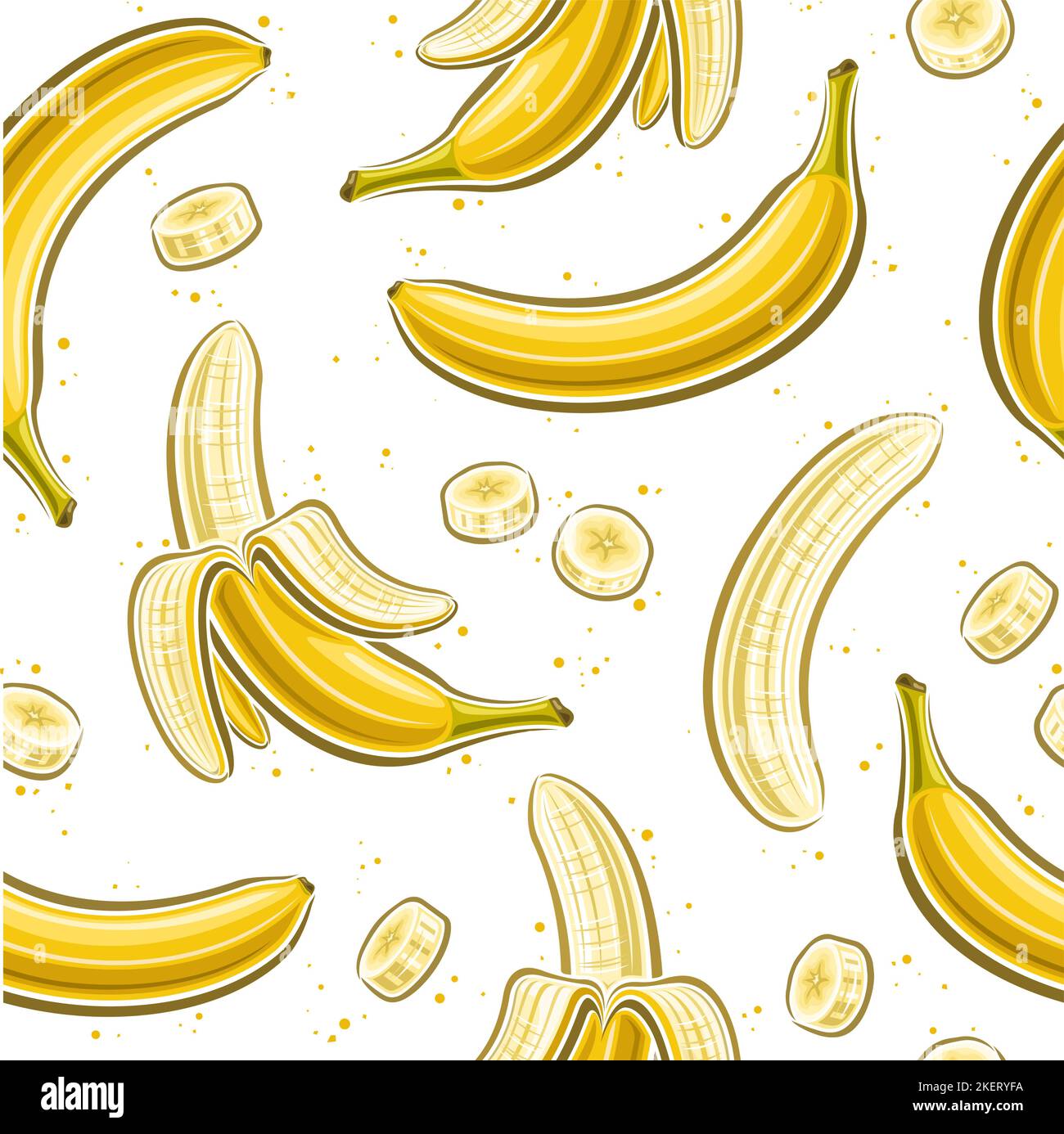 Vector Banana Seamless Pattern, square repeating background with cut out illustrations of whole opened ripe bananas, group of flat lay single closed b Stock Vector