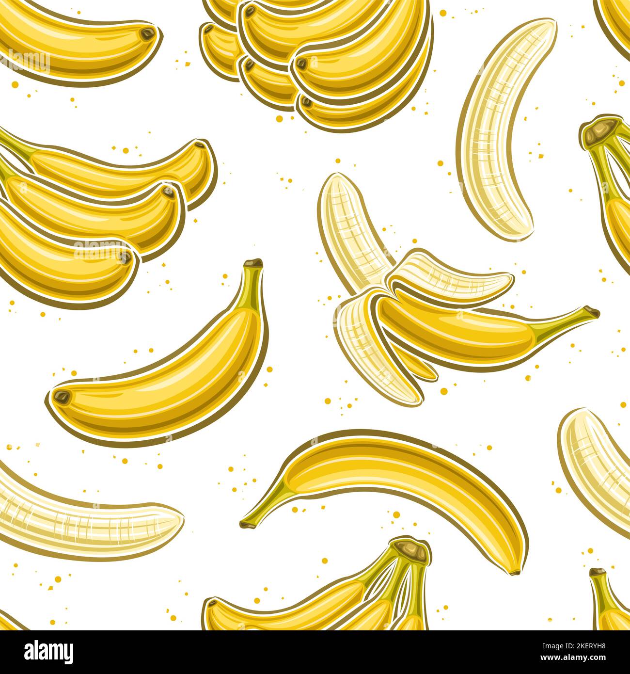 Vector Banana Seamless Pattern, square repeating background with cut out illustrations of single opened and closed ripe bananas, group of flat lay ban Stock Vector