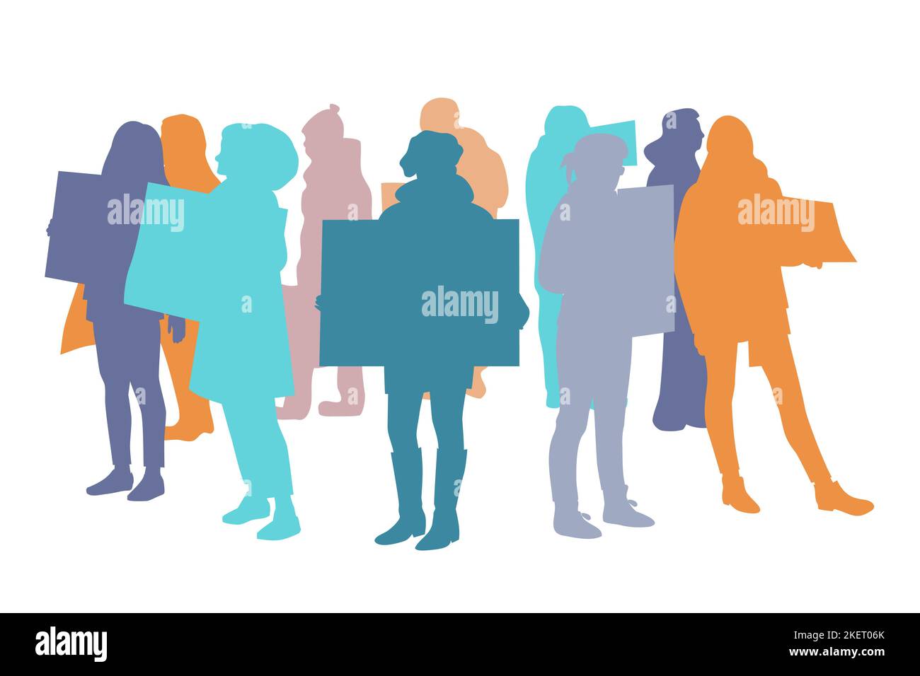 Crowd of people color silhouettes. Men and women protesters. Group of people standing together with placards. For any type of protest. Flat vector illustration. Stock Vector