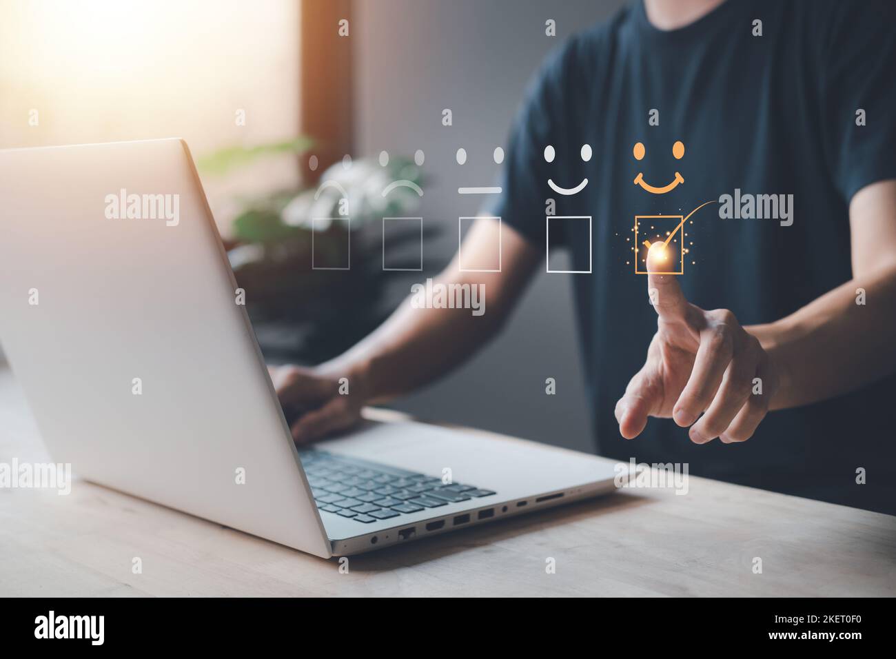 Reviews smile rating with businessman hand touch and typing notebook