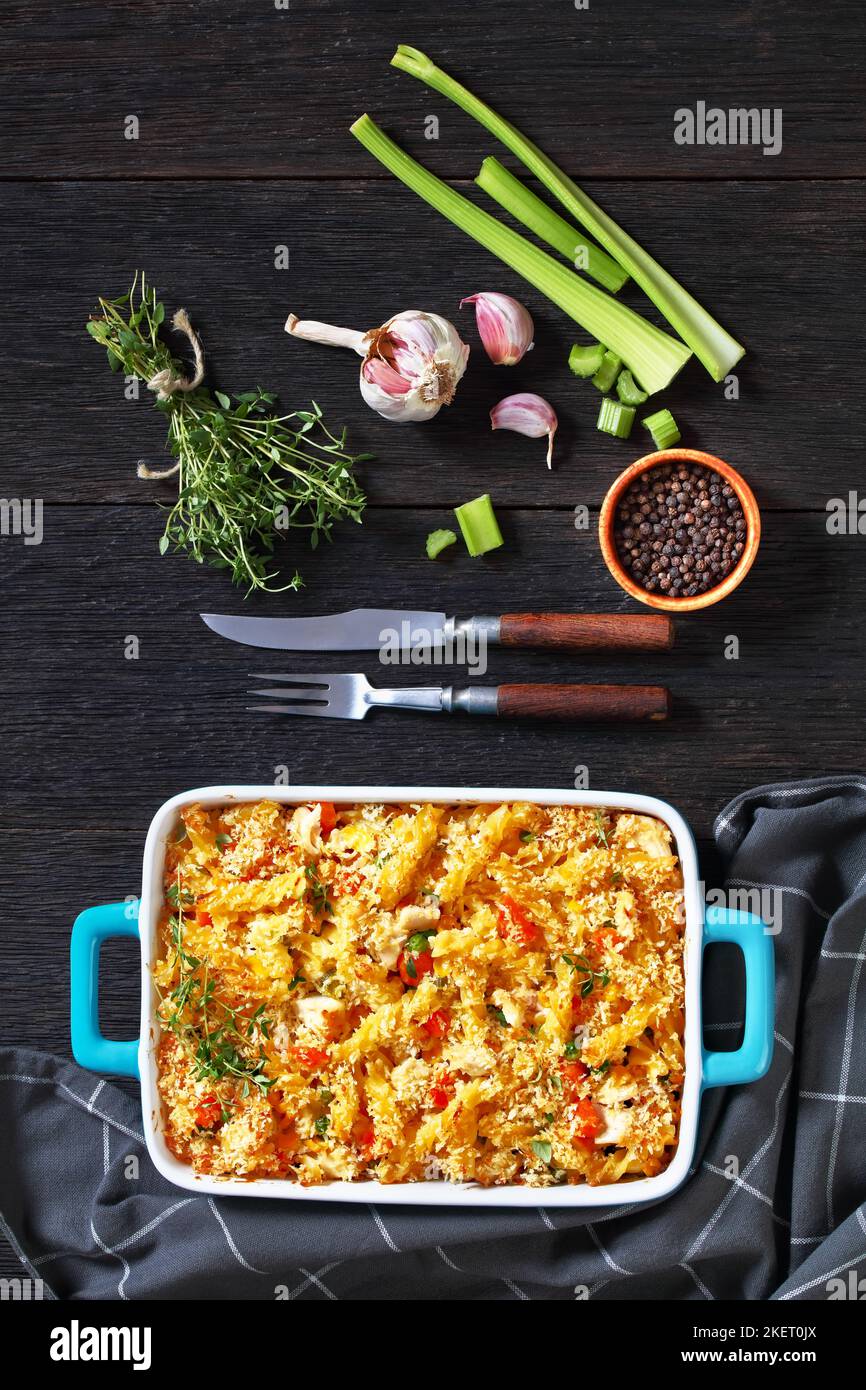 Chicken Pot Pie Fusilli pasta Bake with celery, corn, green peas