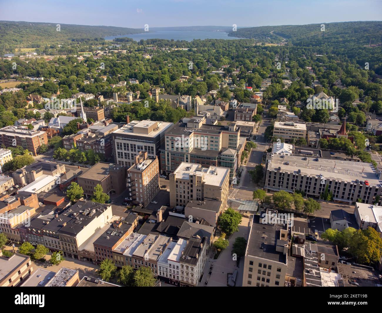 June 26 2022, Early morning aerial summer image of the area surrounding the City of Ithaca, NY, USA Stock Photo