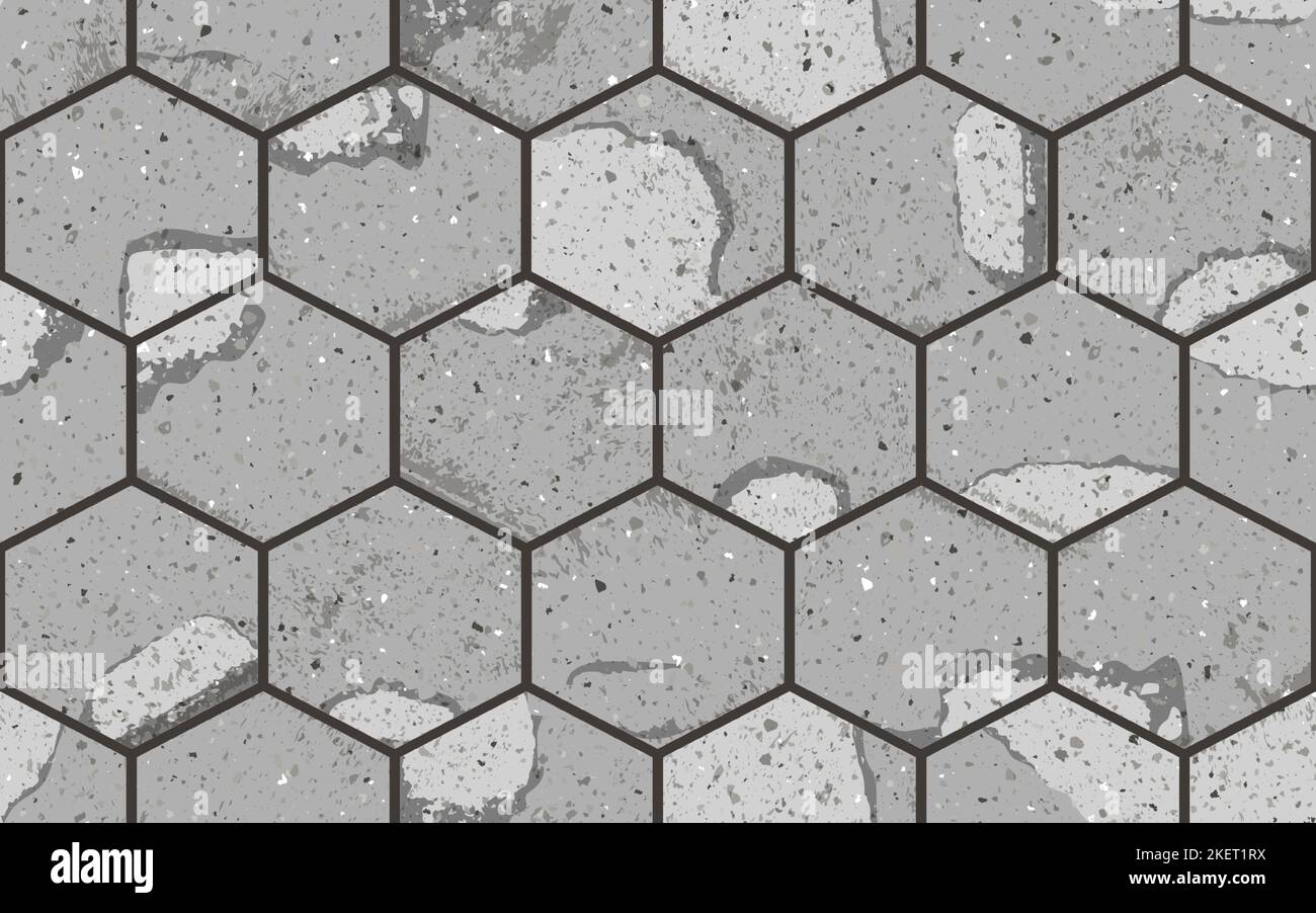 Seamless pattern of pavement with hexagon textured cracked old bricks Stock Vector
