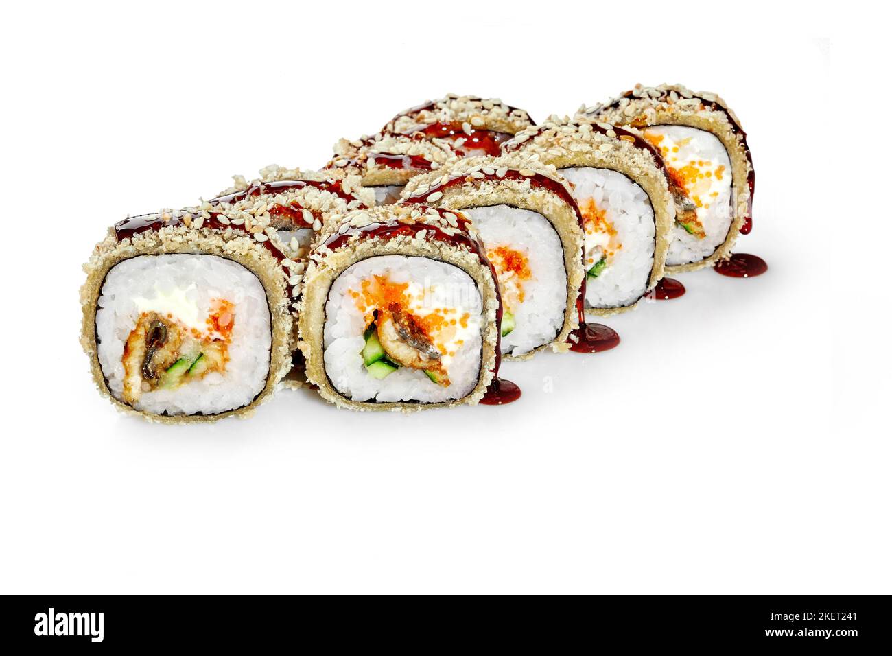 Tempura rolls with eel, cream cheese, tobiko, cucumbers, unagi sauce