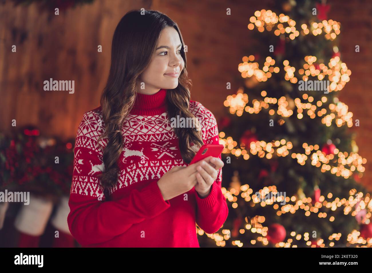 Photo of pretty lovely lady blogger use modern gadget look window magic snowy weather outside cozy time indoors house room Stock Photo