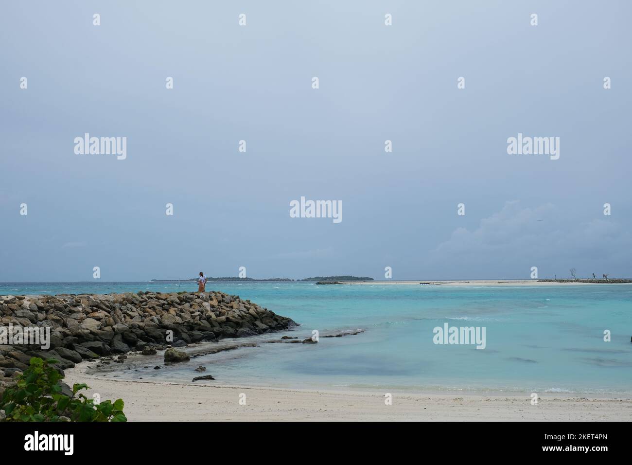 Maafushi is one of the biggest and most popular local islands in Maldives. The beach area during raining season. Stock Photo