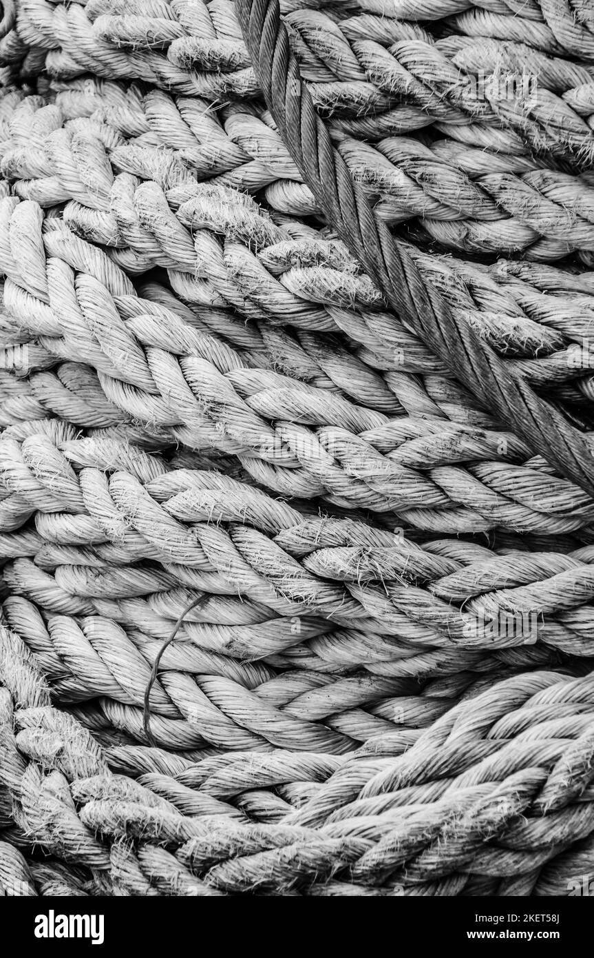 close-up of an old frayed boat rope as a nautical background Stock Photo