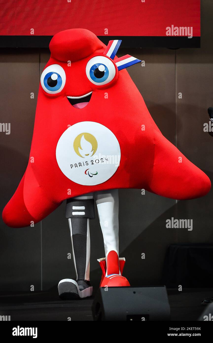Illustration Mascot La Phryge Paralympique during the Presentation of the  Paris 2024 Olympic Mascots on November