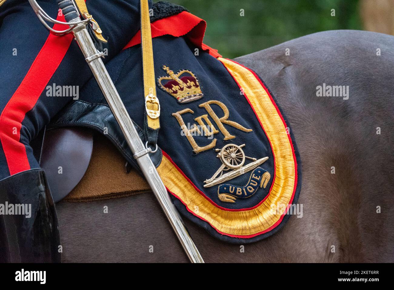 Green Park, Westminster, London, UK. 14th Nov, 2022. A 41-gun salute took place in Green Park to mark King Charles III's 74th birthday by the King's Troop Royal Horse Artillery (KTRHA), the first such ceremony since Charles became King. Saddle blanker with EiiR sypher Stock Photo