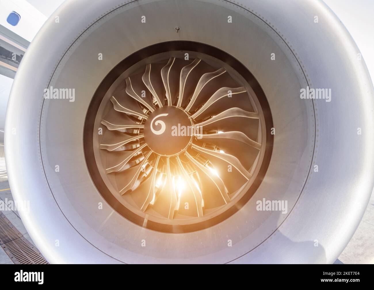Close up of fan jet engine turbine with sunlight Stock Photo Alamy
