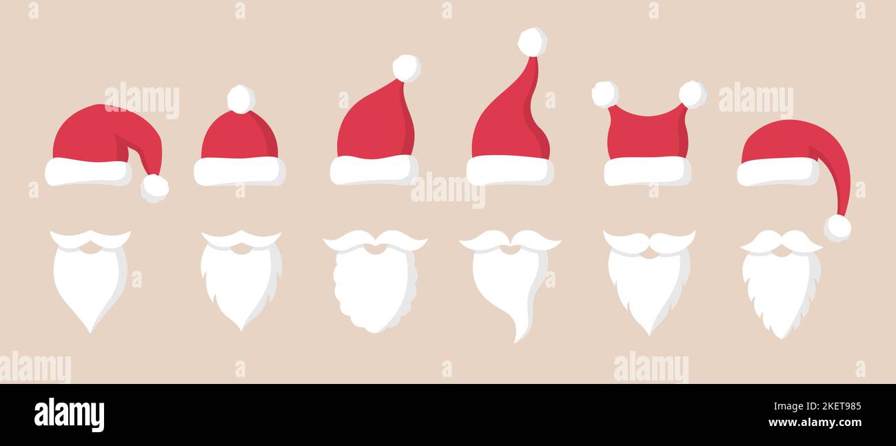 Collection of Santa Claus red hats, mustache and beards. Christmas symbols in flat style. Vector illustration Stock Vector