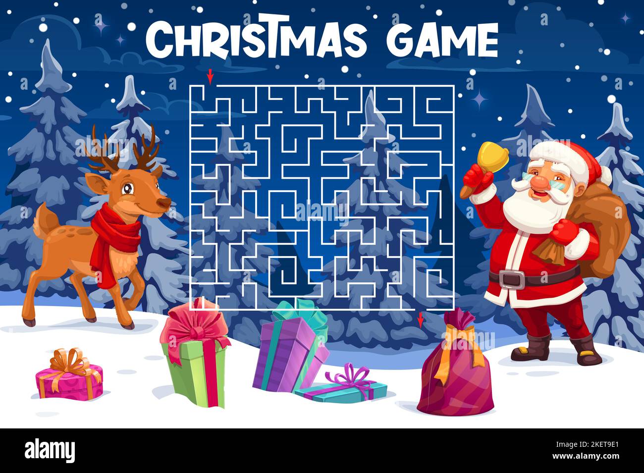 Christmas labyrinth maze, help deer to find Santa quiz game. Vector worksheet of kids puzzle 