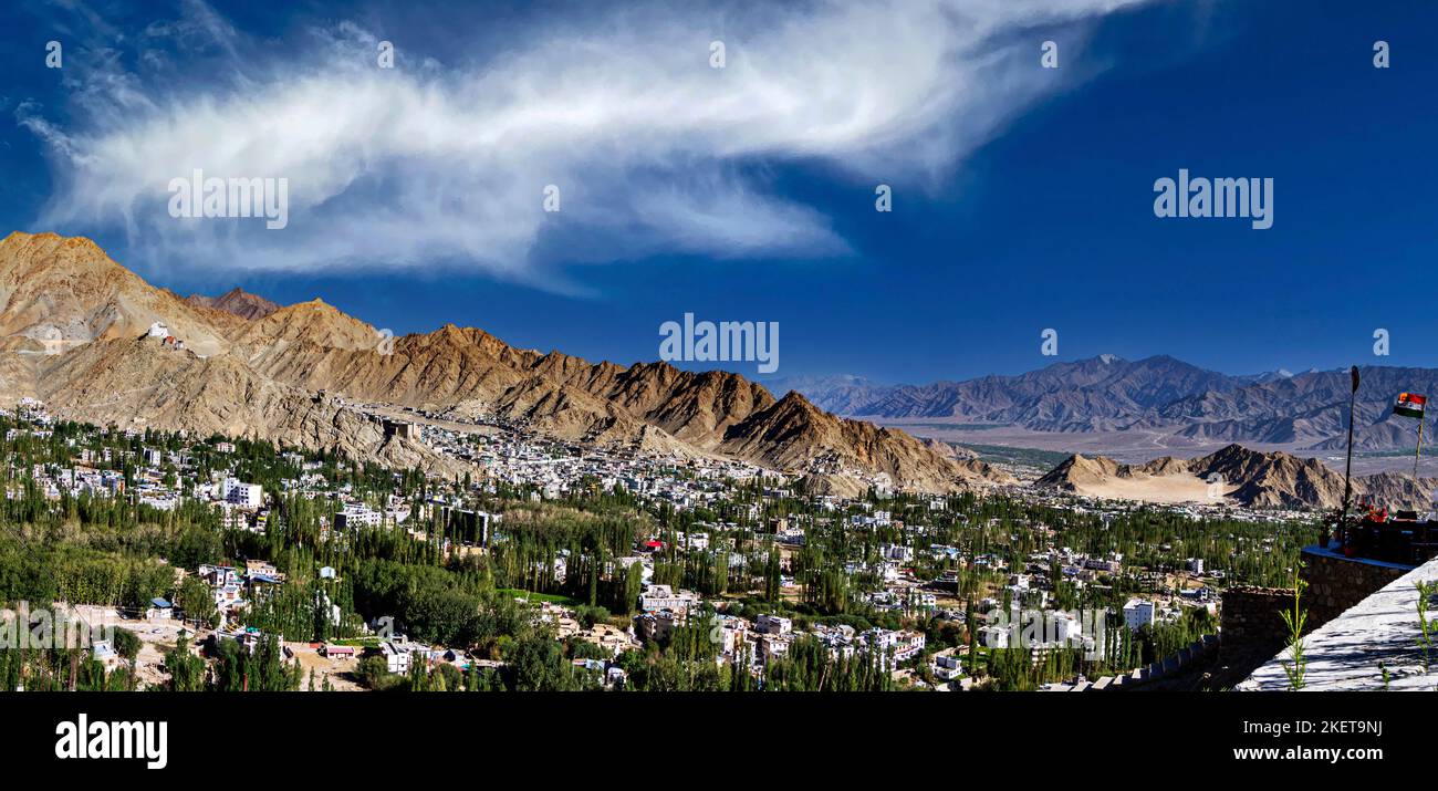 Beautiful leh town in summer seen with green cover situated at over