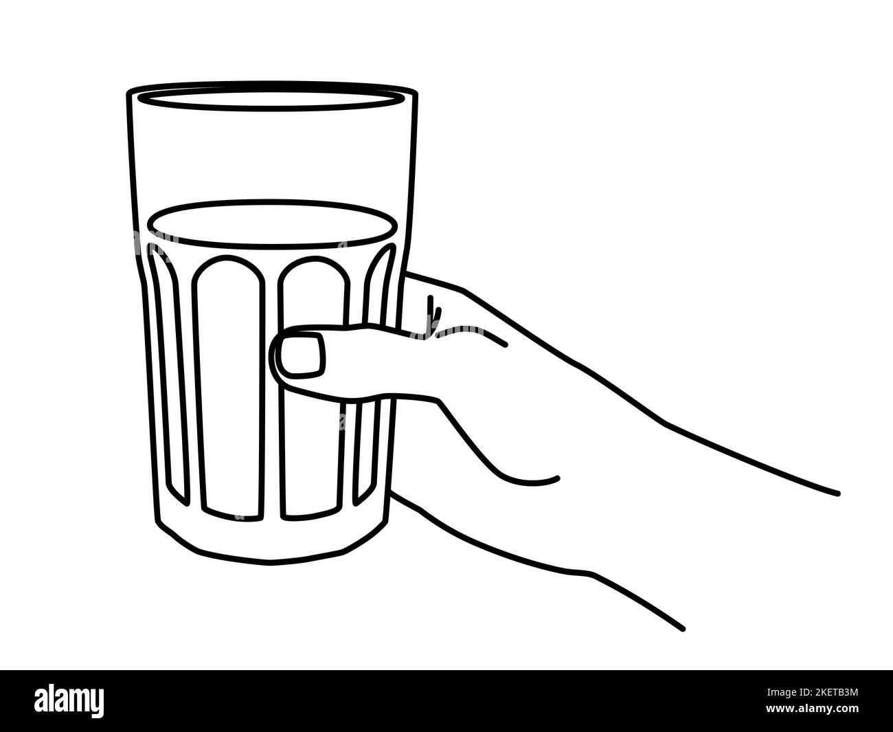 Hand holding an empty faceted glass hand drawn with thin line. Vector