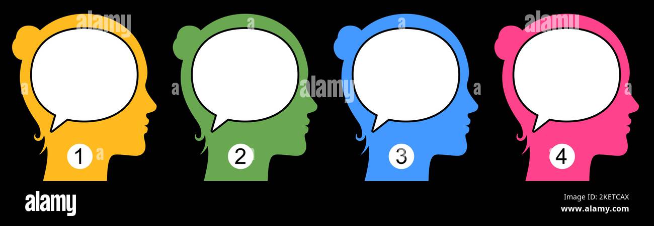 Numbered women with empty bubbles in heads for text or answer placement. Female quiz, or sociological survey vector banner illustration. Stock Vector