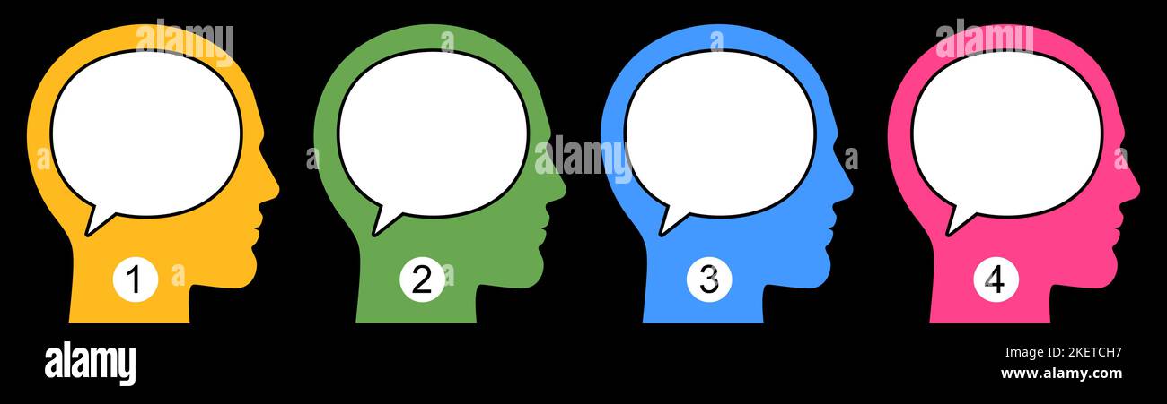 Numbered men with empty bubbles in heads for text or answer placement. Male quiz, or sociological survey vector banner illustration. Stock Vector