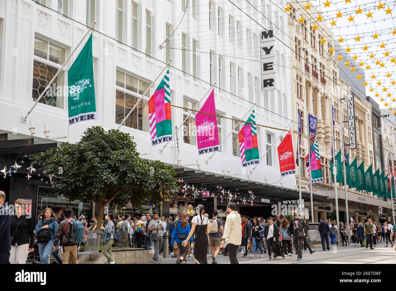 Christmas shopping in Melbourne, christmas decorations outside Myer and