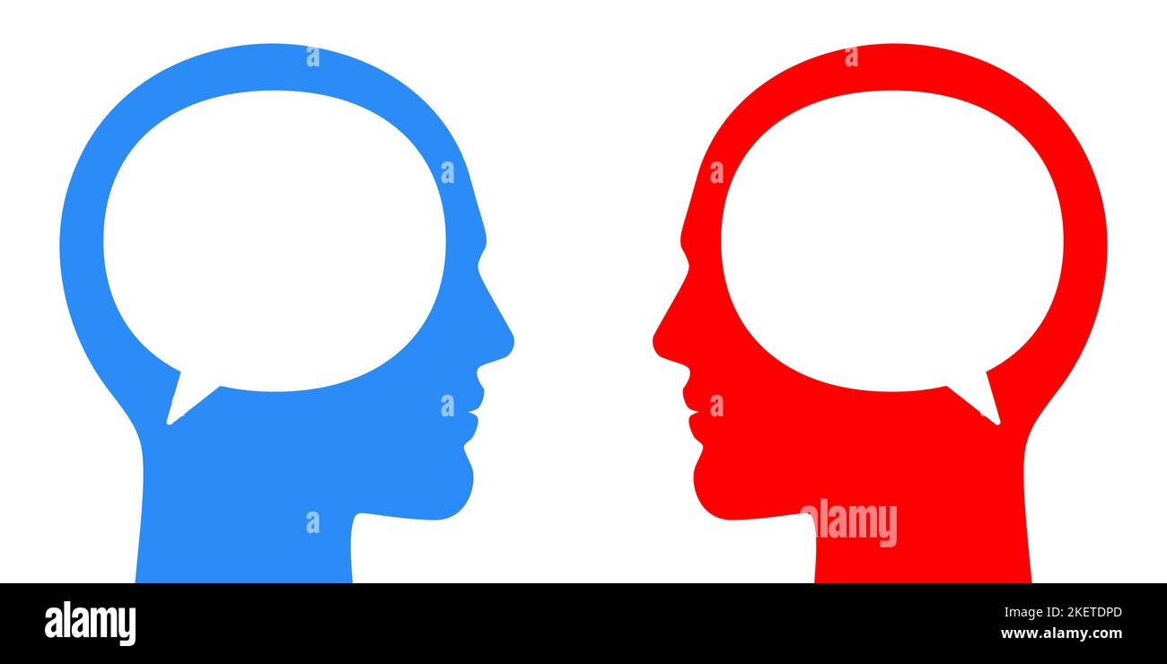 Men communicating face to face. Different or same point of views, opinions, concept vector illustration. Two adult male persons with text bubbles and geometric figures, talking to each other. Stock Vector