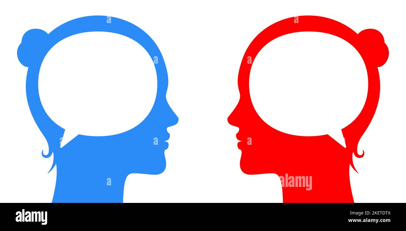 Women communicating face to face. Different or same point of views, opinions, concept vector illustration. Two adult female persons with text bubbles and geometric figures, talking to each other. Stock Vector