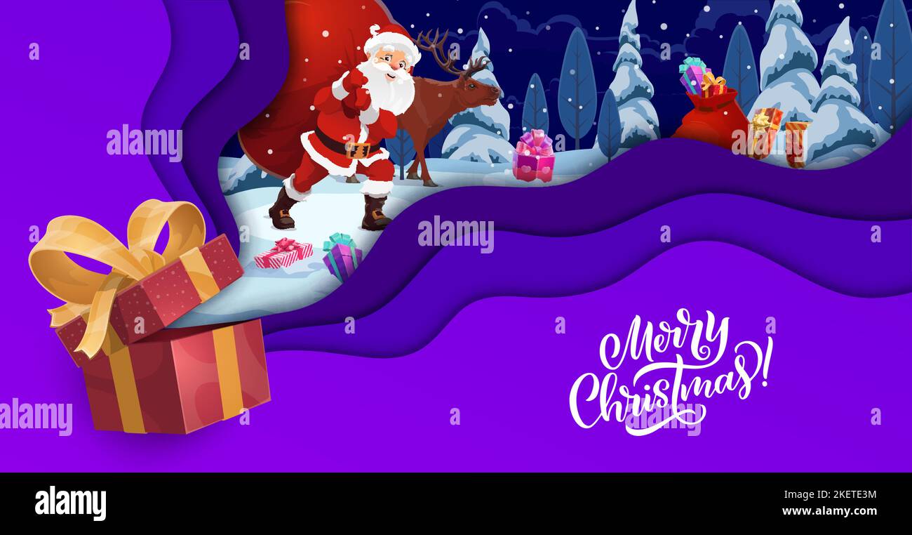 Christmas paper cut cartoon Santa with gifts bag in winter holiday ...