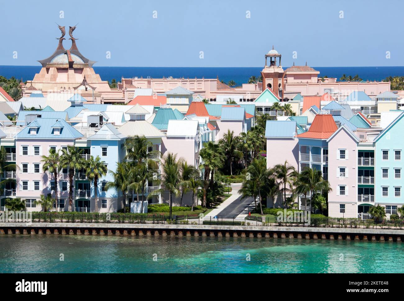 The aerial view of colorful residential houses on Paradise Island, the most popular vacation place in Caribbean (Bahamas). Stock Photo