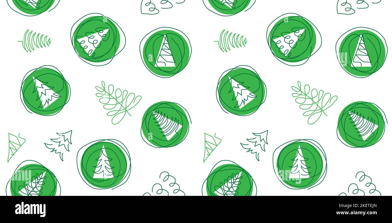 Xmas green pattern, christmas pine trees seamless vector pattern. One continuous line art drawing. Simple green Christmas trees pattern Stock Vector