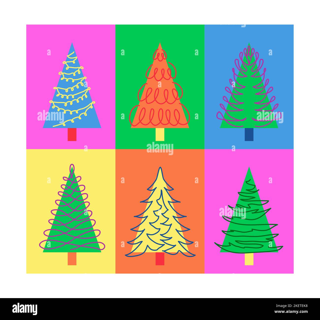 Christmas pine tree pop art pattern. One continuous line art color drawing Stock Vector
